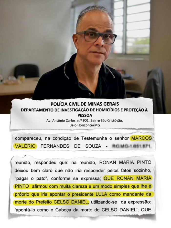 Marcos Valério cita Lula como um dos mandantes da morte de Celso Daniel