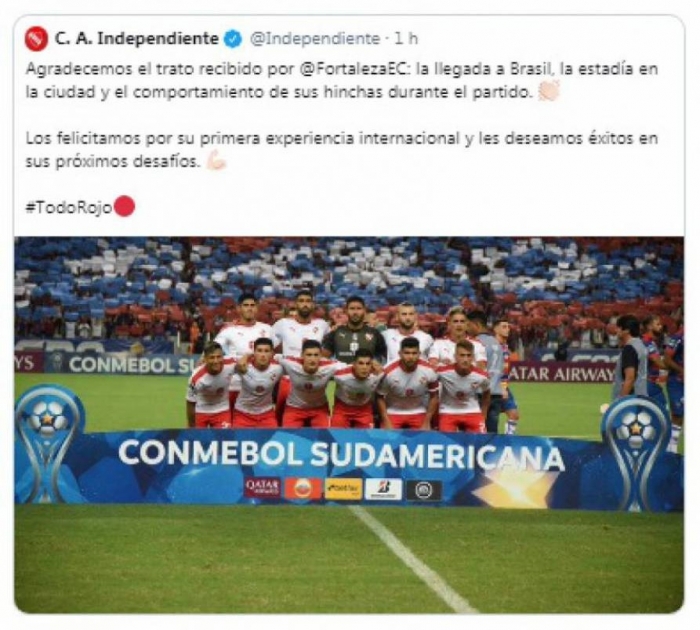 Independiente agradece estadia e deseja êxitos ao Fortaleza após classificação